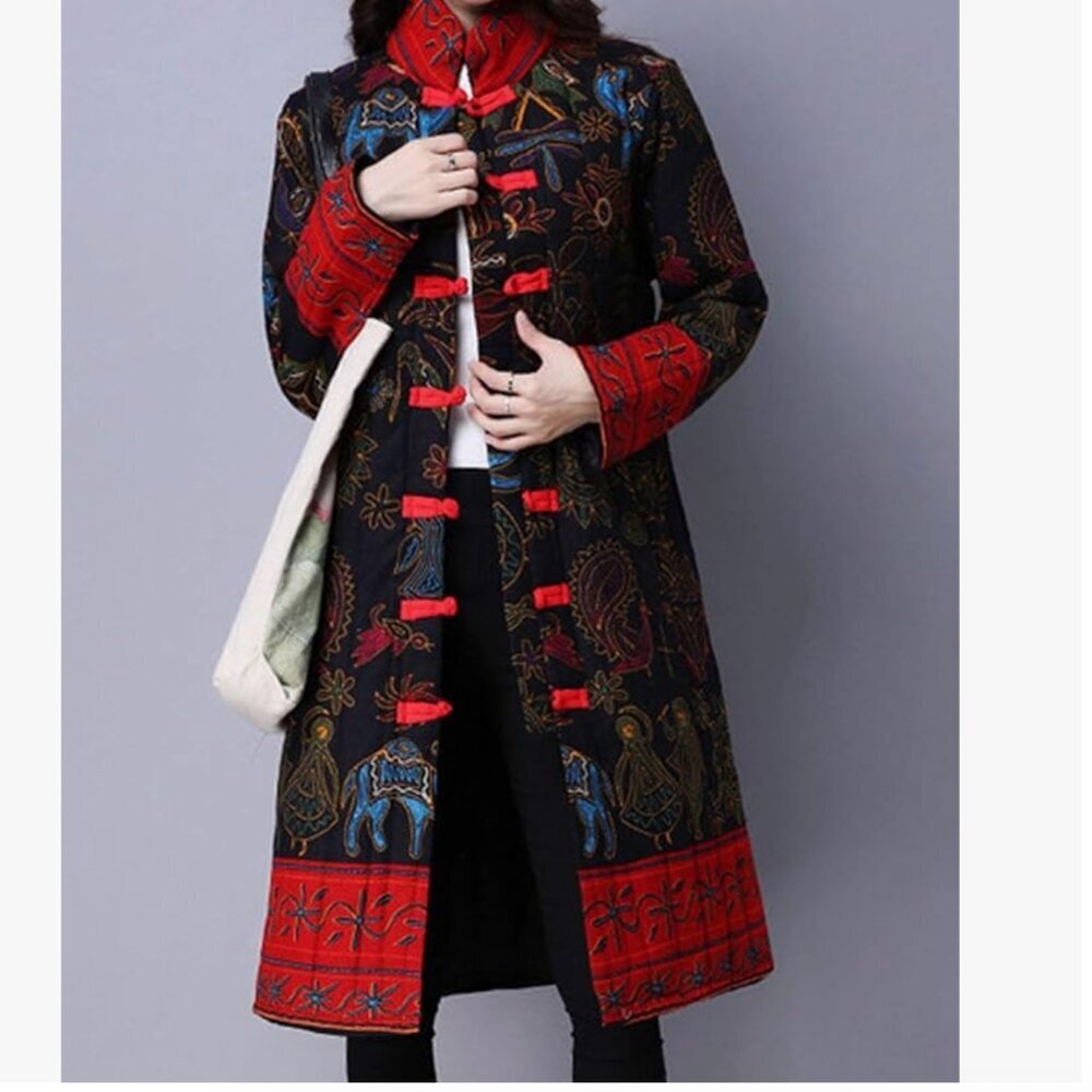 Chinese Embroidered Floral Quilted Long Jacket - Picture 2 of 6